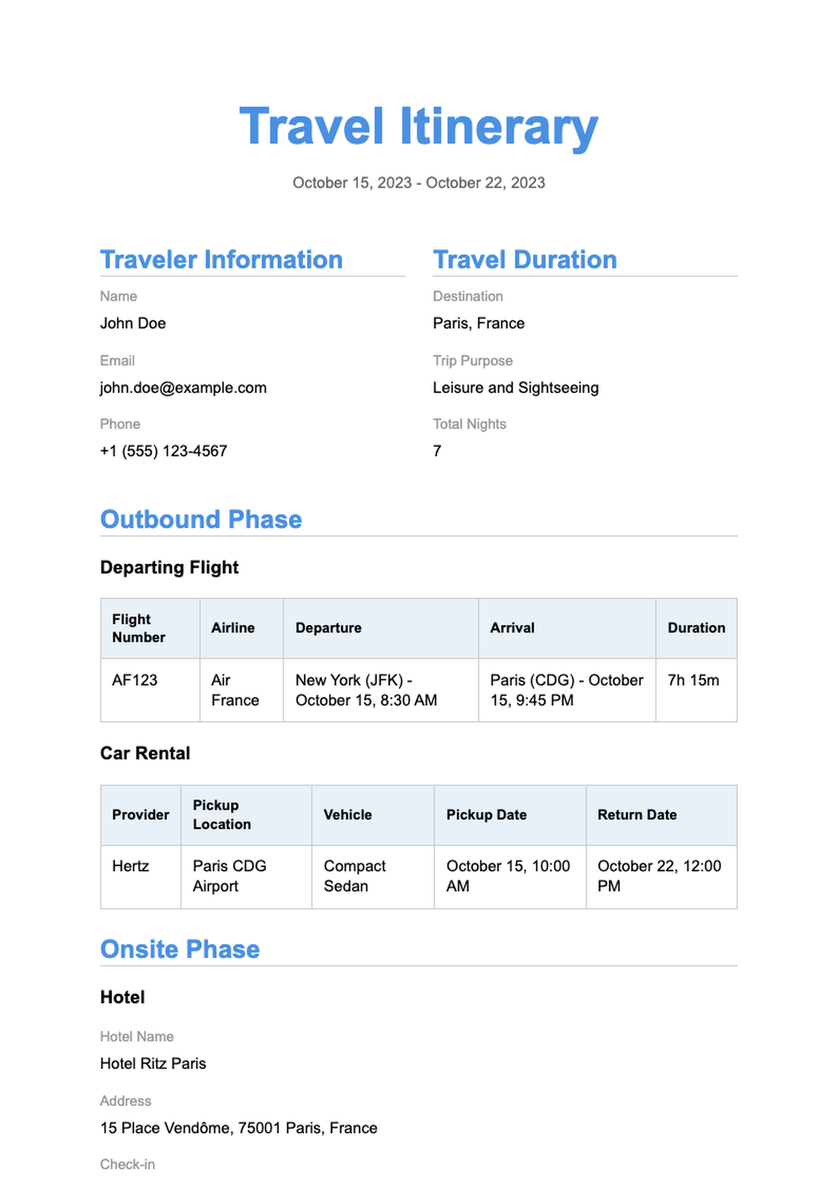 Detailed business travel itinerary with flight car rental hotel and activities_variant_3